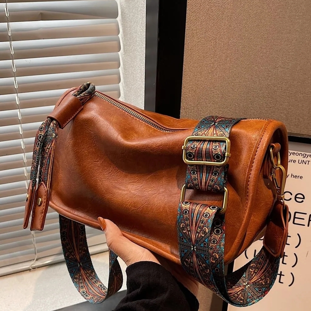Amazon Cognac Leather Crossbody Bag with Patterned Blue Accent Strap - Picture 2 of 6